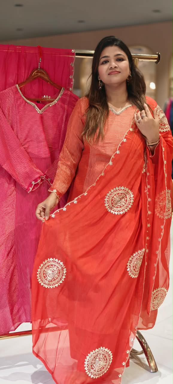 Highlighted Golden Stripe Touch Real Mirror Neckline Tissue A-Line Full Suit Set With Dupatta- 16761
