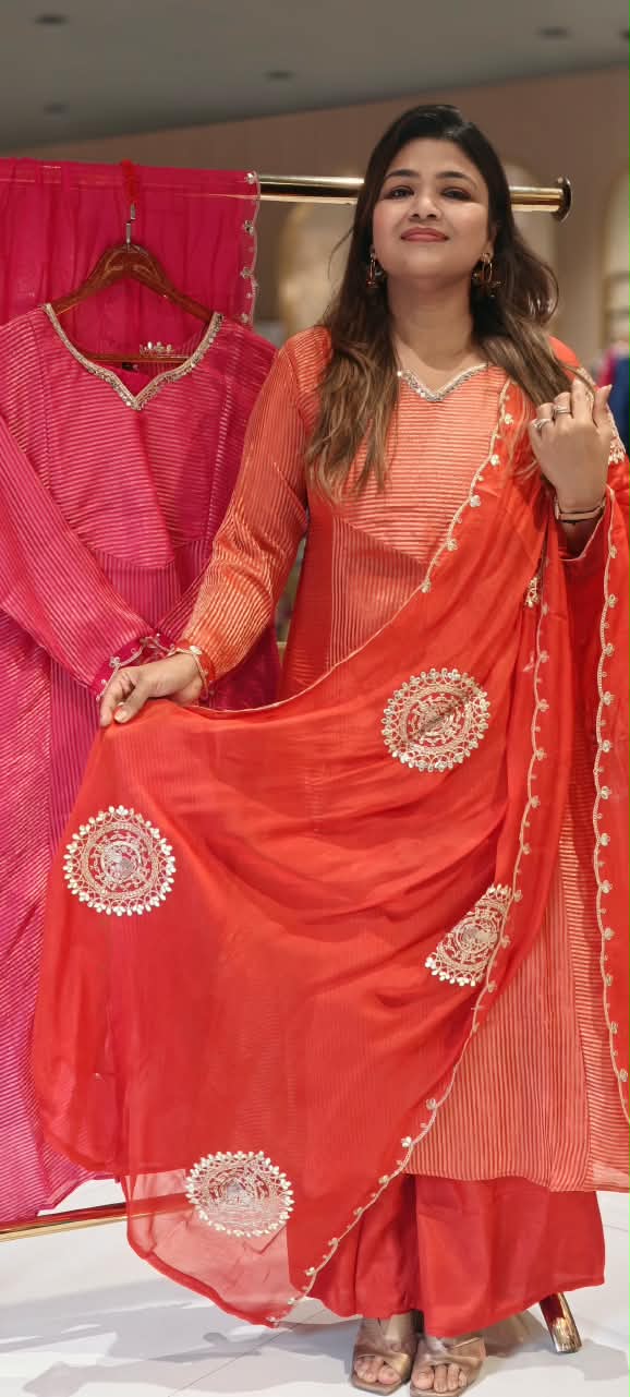 Highlighted Golden Stripe Touch Real Mirror Neckline Tissue A-Line Full Suit Set With Dupatta- 16761