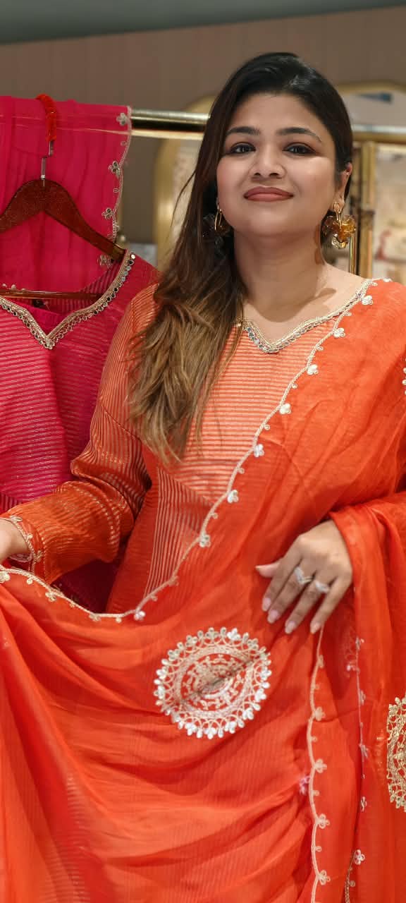 Highlighted Golden Stripe Touch Real Mirror Neckline Tissue A-Line Full Suit Set With Dupatta- 16761
