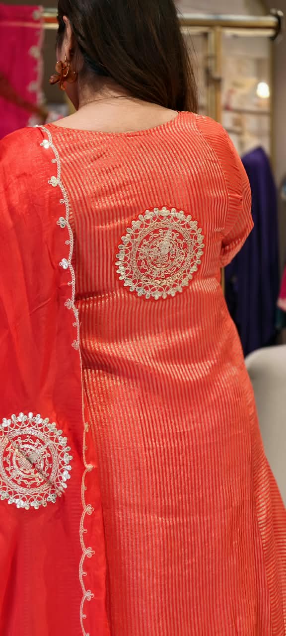 Highlighted Golden Stripe Touch Real Mirror Neckline Tissue A-Line Full Suit Set With Dupatta- 16761