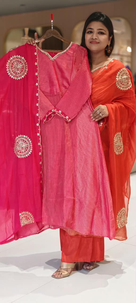 Highlighted Golden Stripe Touch Real Mirror Neckline Tissue A-Line Full Suit Set With Dupatta- 16761