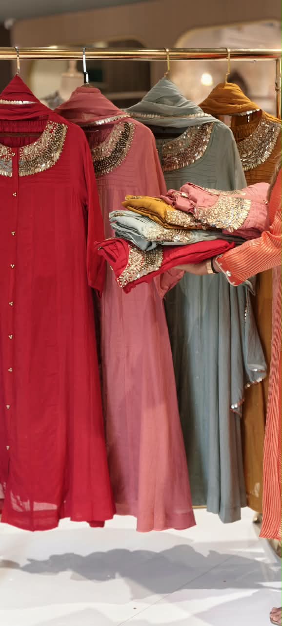 Banarasi Mul-Chanderi Heavy Sequin Hand-Touch Neckline Spotted Embroidery Solid A-Line Full Suit Set With Dupatta- 16756