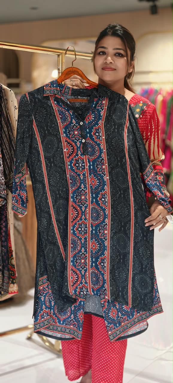 Floral Block Print Textured Flowy Crepe Casual Co-Ord Set- 15239
