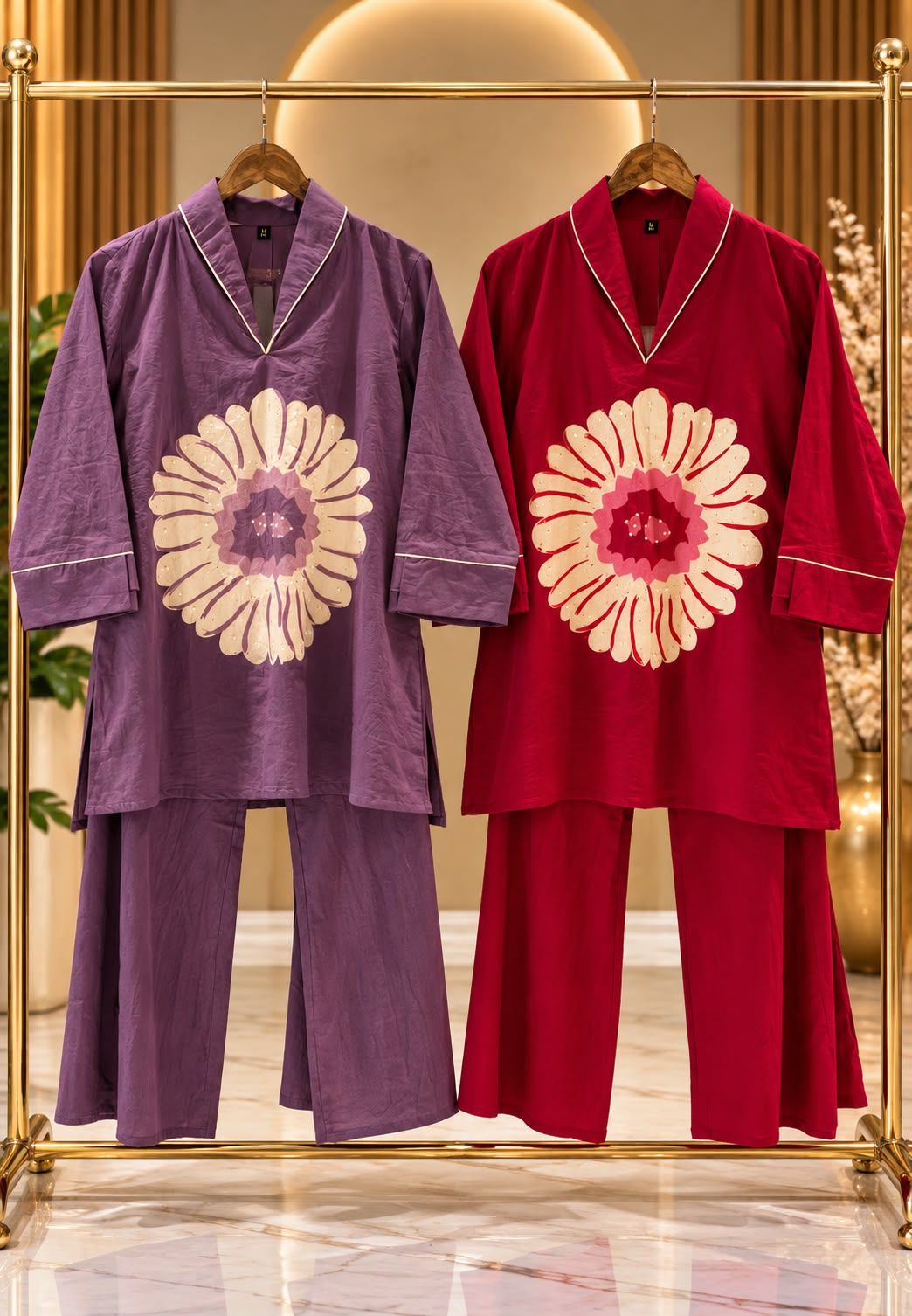 Flower Print Collar Style Huge Floral Patch Cotton Tappered Bottom Co-Ord Set- 16725