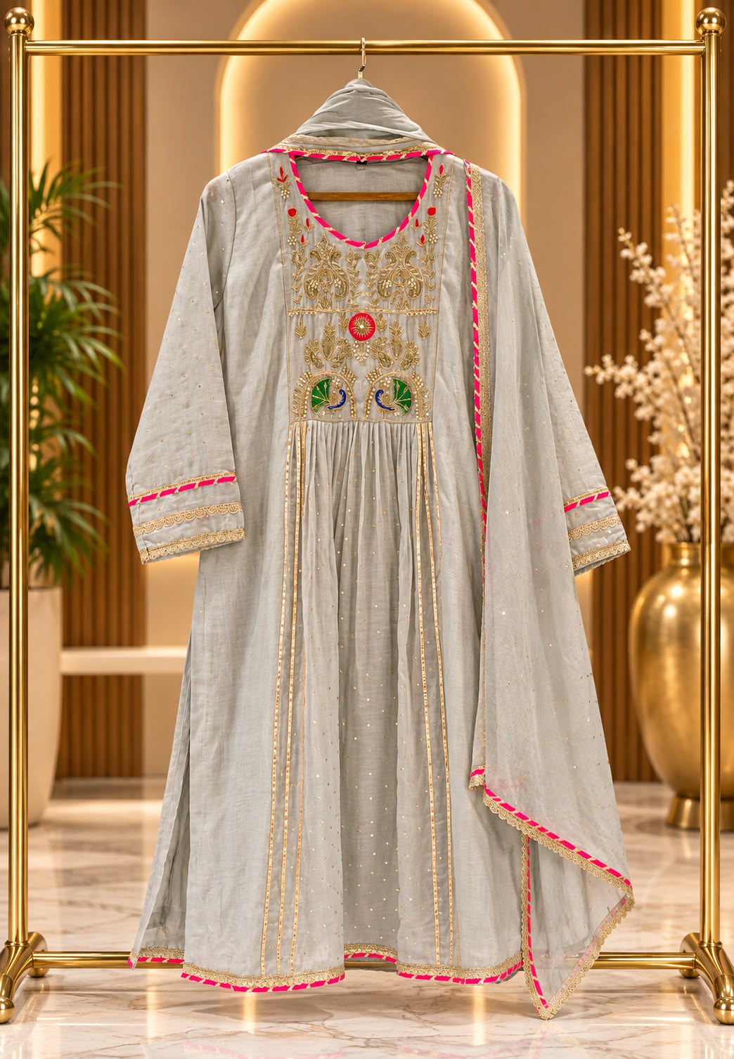 Pure Mul-Chanderi Embroidered Aline Full Suit Set with Elegant Zardosi Work -16784