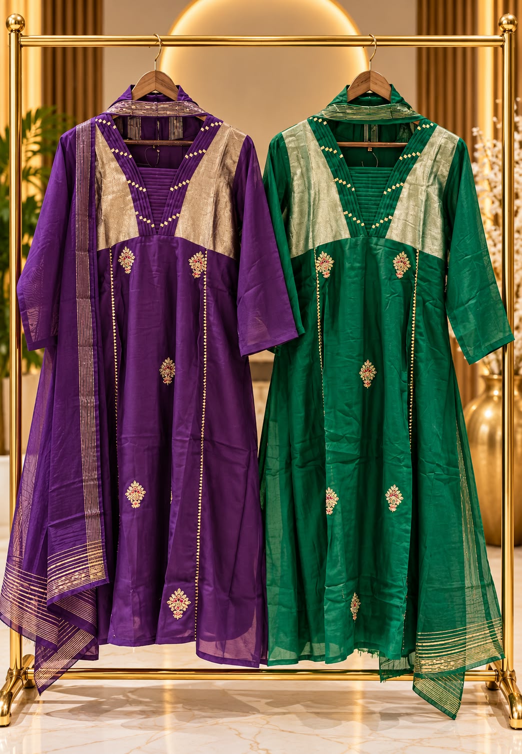 Pure Banarasi Mul-Chanderi With Golden Tissue Touch Aline Full Suit Set With Dupatta- 16775
