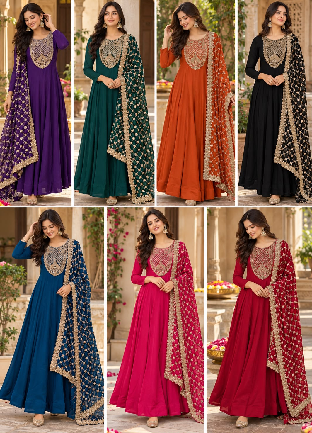 Heavy Chinnon Hand-Embroidered Work Yoke Anarkali Suit Set with Grid Net Sequence Dupatta- 16818