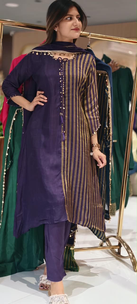 Russian Silk With Tissue Stripes Coin & Ghungroo Dangle Accent A-Line Full Suit Set With Dupatta- 16827
