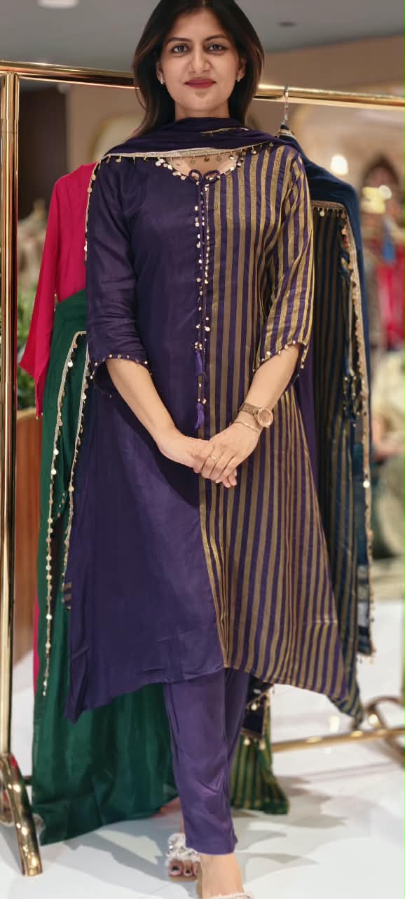 Russian Silk With Tissue Stripes Coin & Ghungroo Dangle Accent A-Line Full Suit Set With Dupatta- 16827