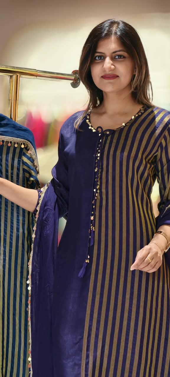 Russian Silk With Tissue Stripes Coin & Ghungroo Dangle Accent A-Line Full Suit Set With Dupatta- 16827