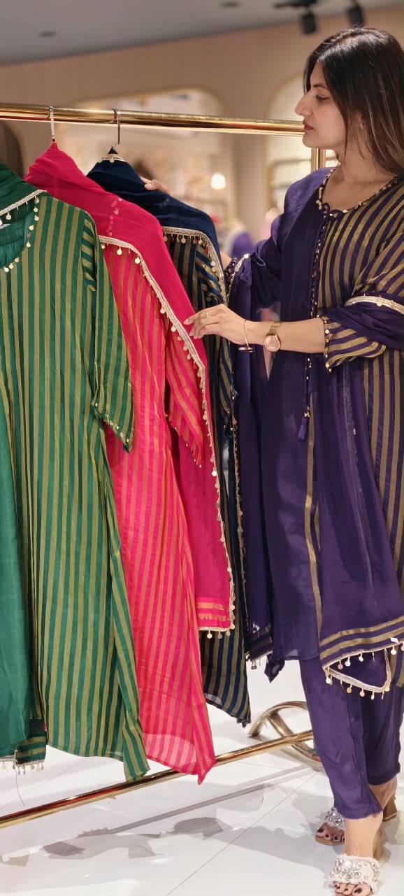 Russian Silk With Tissue Stripes Coin & Ghungroo Dangle Accent A-Line Full Suit Set With Dupatta- 16827