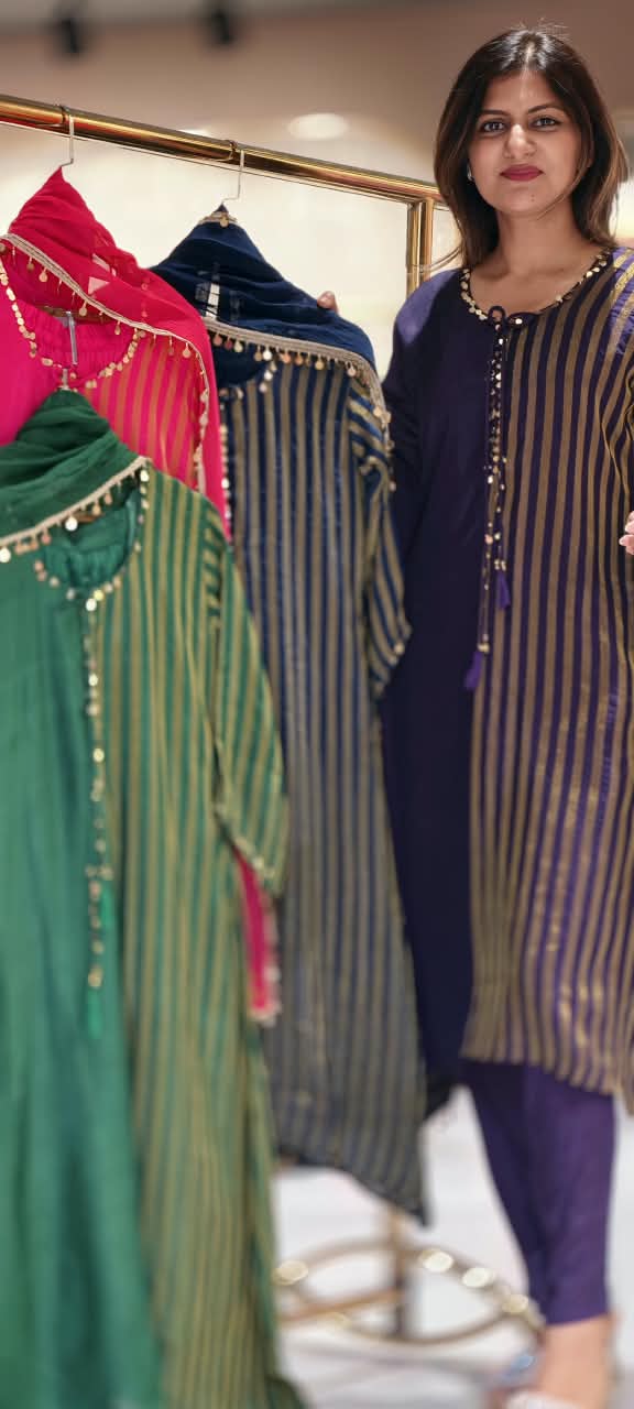 Russian Silk With Tissue Stripes Coin & Ghungroo Dangle Accent A-Line Full Suit Set With Dupatta- 16827