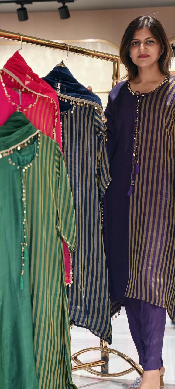 Russian Silk With Tissue Stripes Coin & Ghungroo Dangle Accent A-Line Full Suit Set With Dupatta- 16827
