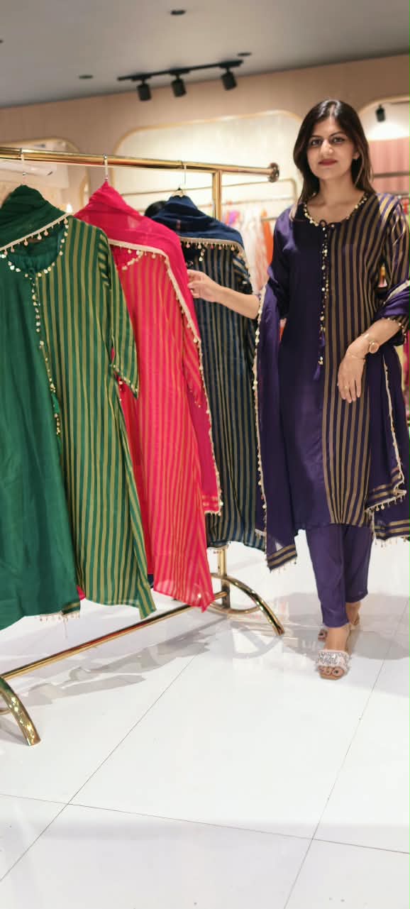 Russian Silk With Tissue Stripes Coin & Ghungroo Dangle Accent A-Line Full Suit Set With Dupatta- 16827