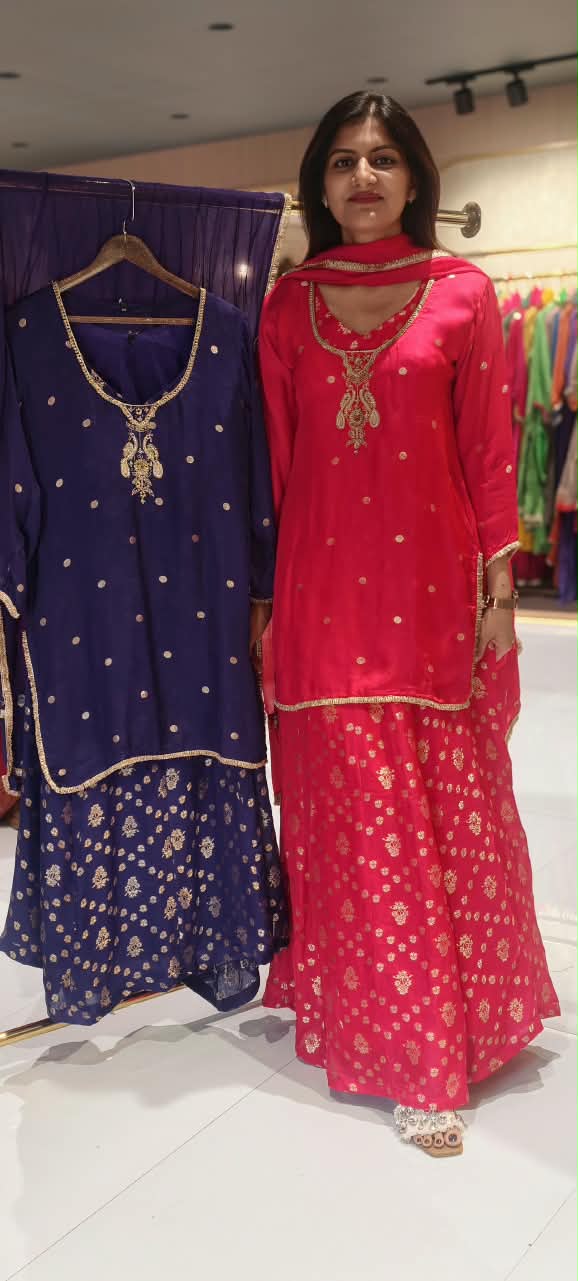 Elegant Vibrant Padded Bustier Top with Embroidered Short Kurti and  Brocade Banarasi Skirt with Dupatta Set-16591