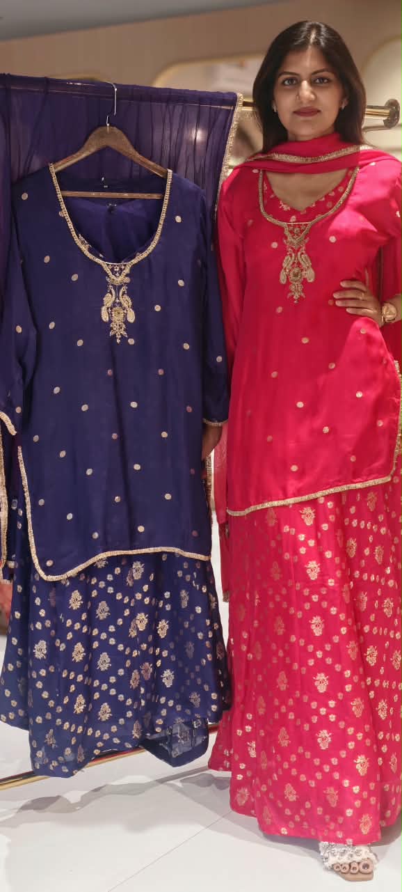 Elegant Vibrant Padded Bustier Top with Embroidered Short Kurti and  Brocade Banarasi Skirt with Dupatta Set-16591