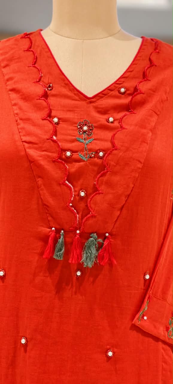 Cut-Work Unique Neck Style Scattered Floral Embroidery Cotton Full Suit Set With Dupatta- 16815