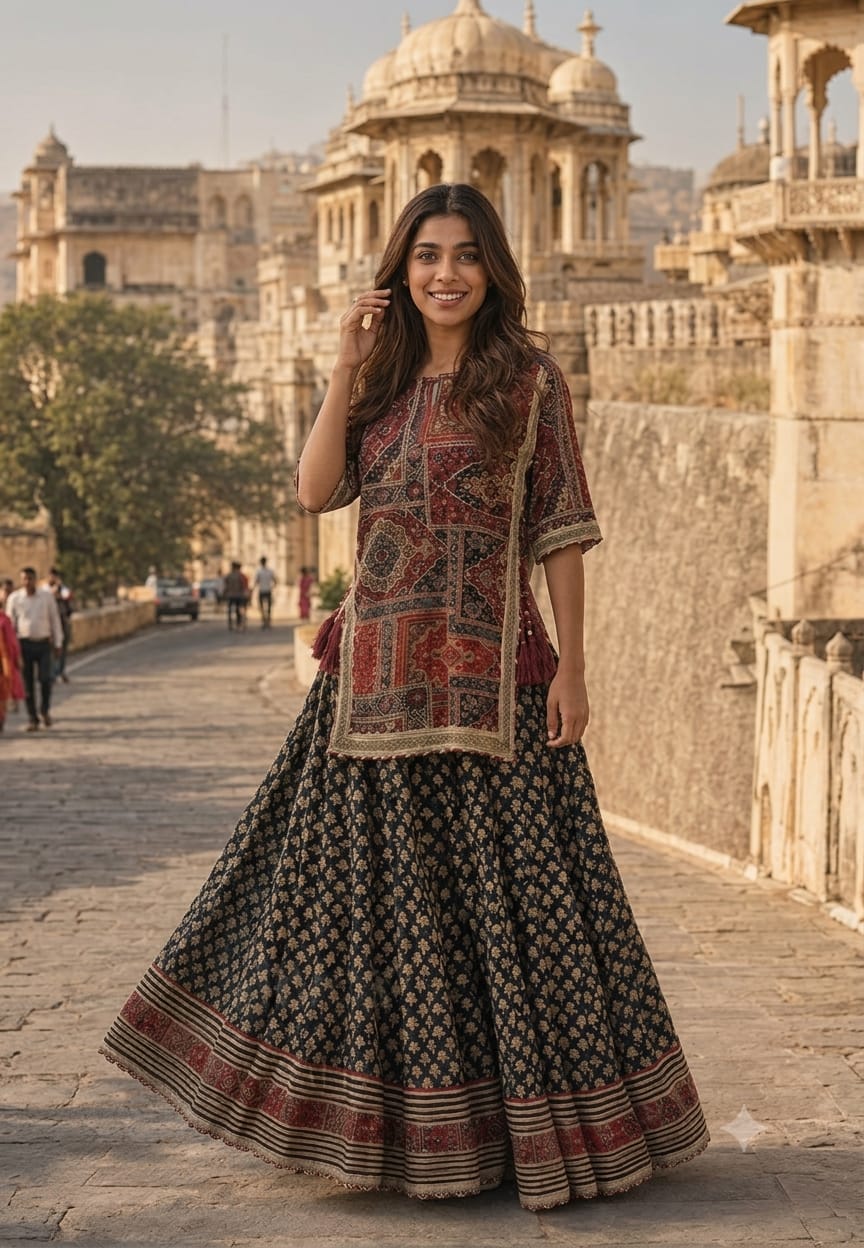 Festive Elegance Ethnic Print Skirt Bottom & Kurta Set In Cotton Fabric- 16870