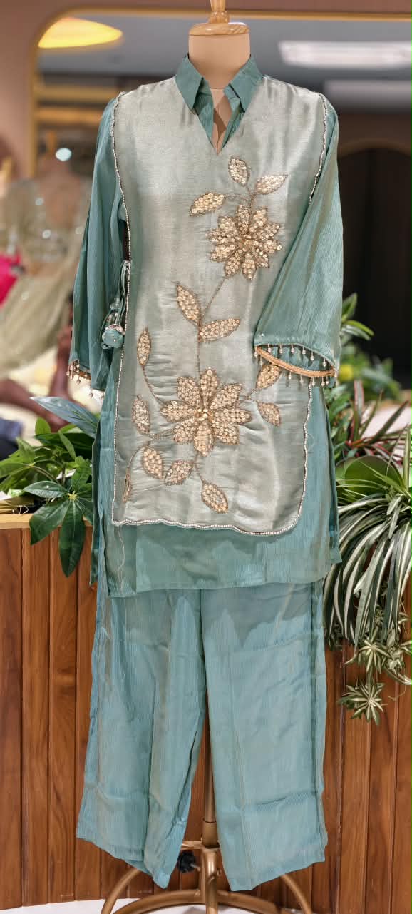Tissue Fabric Embroidered Flap on Top Collar Style Co-Ord Set- 16764