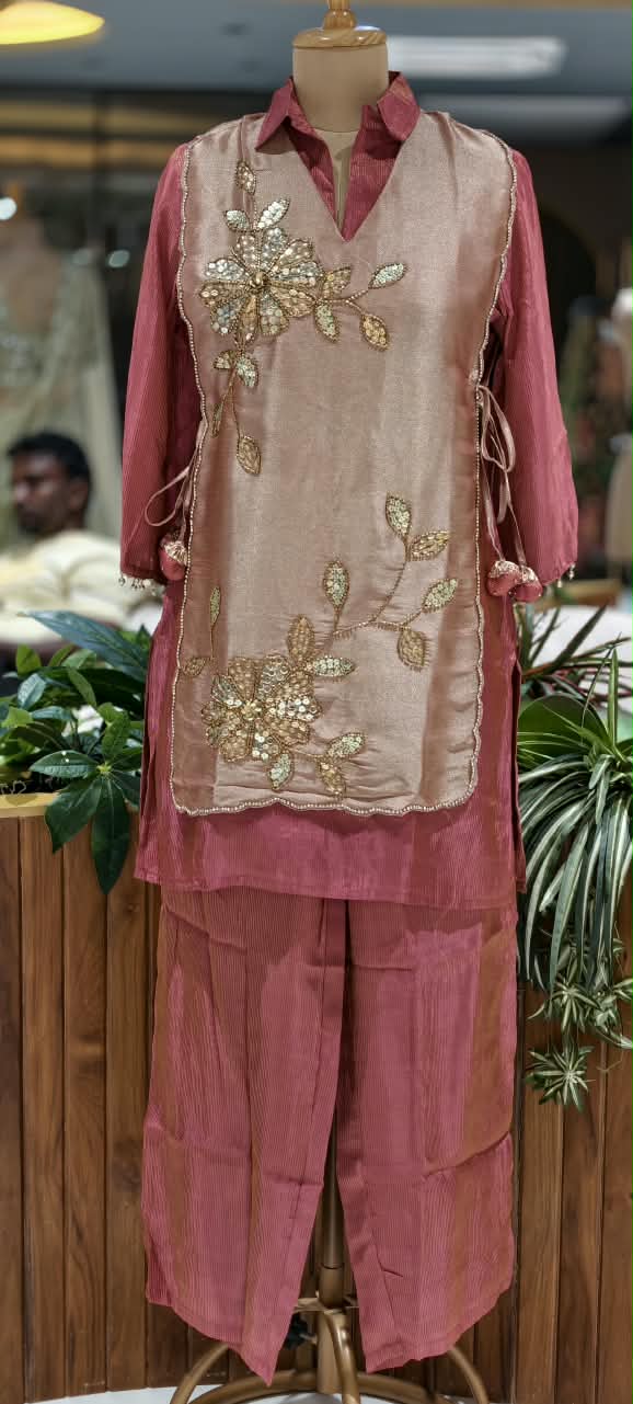 Tissue Fabric Embroidered Flap on Top Collar Style Co-Ord Set- 16764
