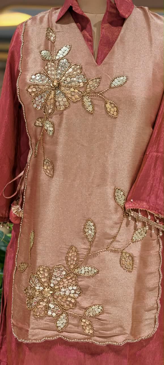 Tissue Fabric Embroidered Flap on Top Collar Style Co-Ord Set- 16764