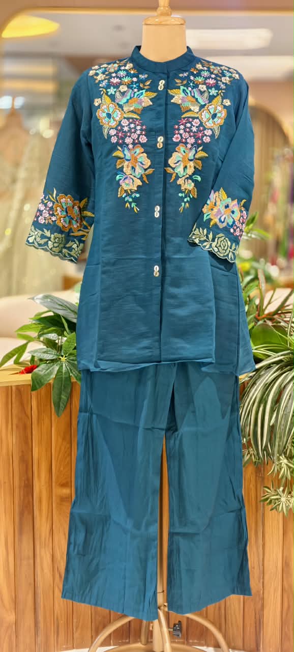 Premium Ruby Red And Blue Floral Embroidered Co-Ord Set with Wide-Leg Pants-16747