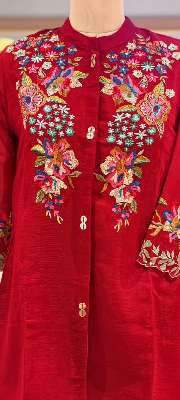 Premium Ruby Red And Blue Floral Embroidered Co-Ord Set with Wide-Leg Pants-16747