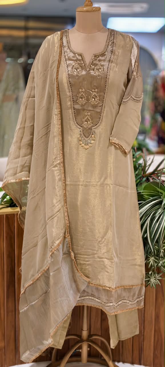 Premium Tissue Silk Embroidered Full Suit Set with Intricate Neckline & Lace Detailing 16781