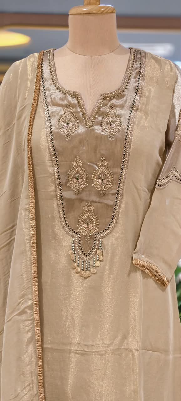 Premium Tissue Silk Embroidered Full Suit Set with Intricate Neckline & Lace Detailing 16781