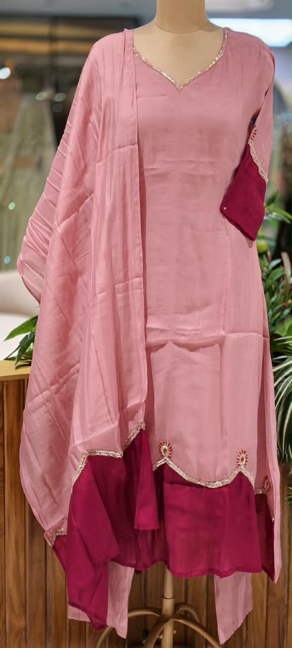 Surat Mulchanderi Solid Shade  Contrast embroidered Patch Work Aline Full Suit Set 16772