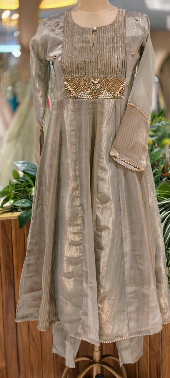 Rich Jewel Kundan Look Pleated Yoke Premium Tissue Anarkali Full Suit Set With Dupatta- 16812