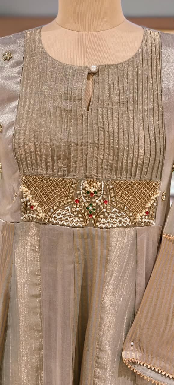 Rich Jewel Kundan Look Pleated Yoke Premium Tissue Anarkali Full Suit Set With Dupatta- 16812