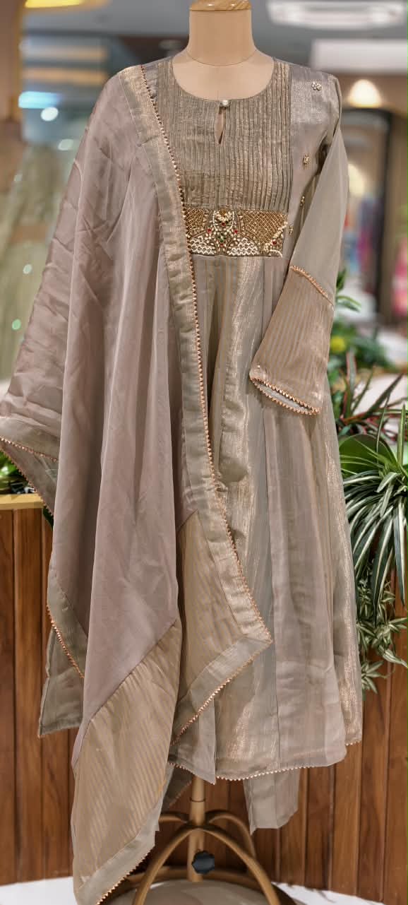 Rich Jewel Kundan Look Pleated Yoke Premium Tissue Anarkali Full Suit Set With Dupatta- 16812