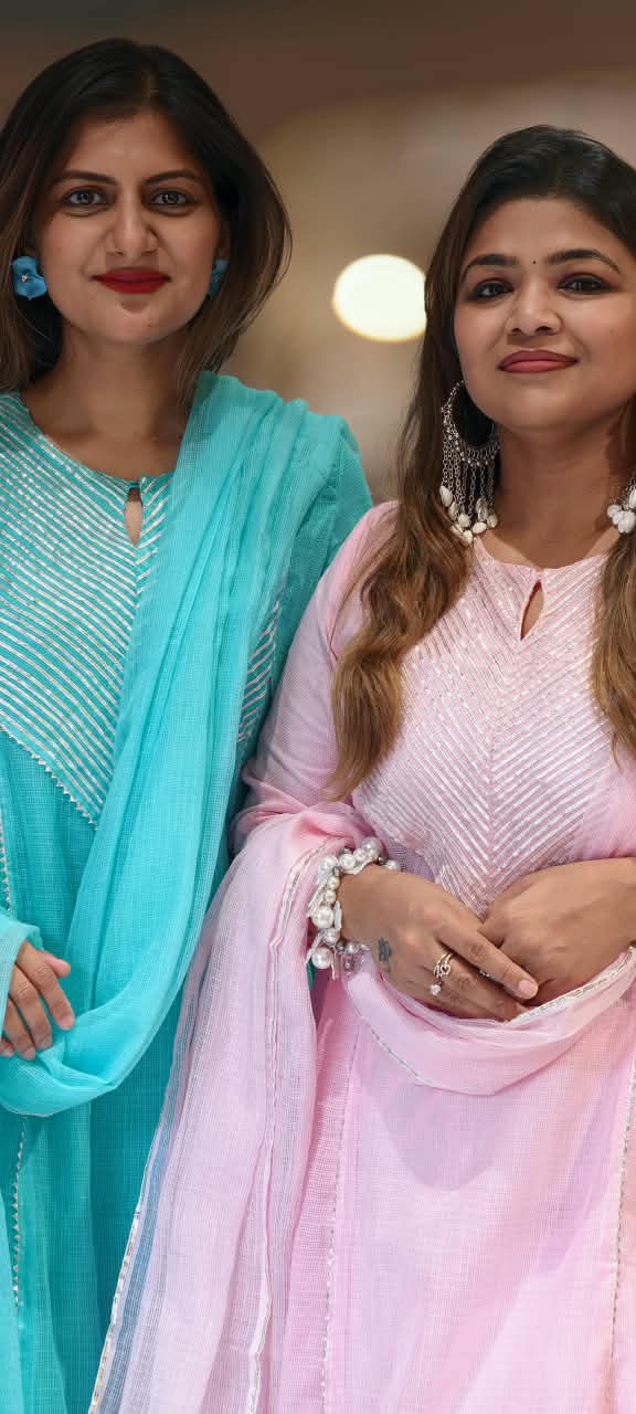 Gotta Patti Stmmetric Yoke Kota Doria Crush A-Line Full Suit Set With Matching Dupatta- 16871