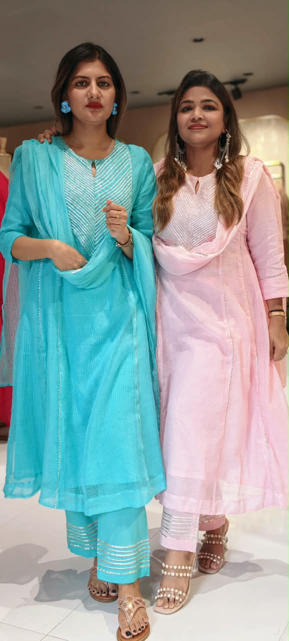 Gotta Patti Stmmetric Yoke Kota Doria Crush A-Line Full Suit Set With Matching Dupatta- 16871