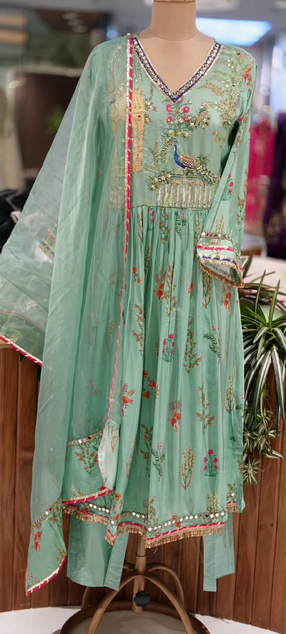 Embroidered Crepe Anarkali Full Suit Set With Dupatta Featuring Floral With Figure Motifs- 16831