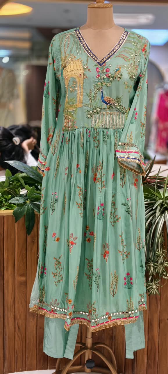 Embroidered Crepe Anarkali Full Suit Set With Dupatta Featuring Floral With Figure Motifs- 16831
