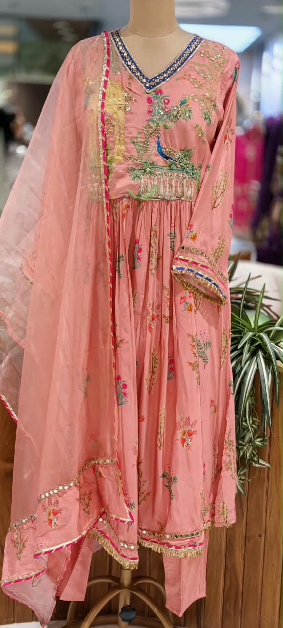 Embroidered Crepe Anarkali Full Suit Set With Dupatta Featuring Floral With Figure Motifs- 16831