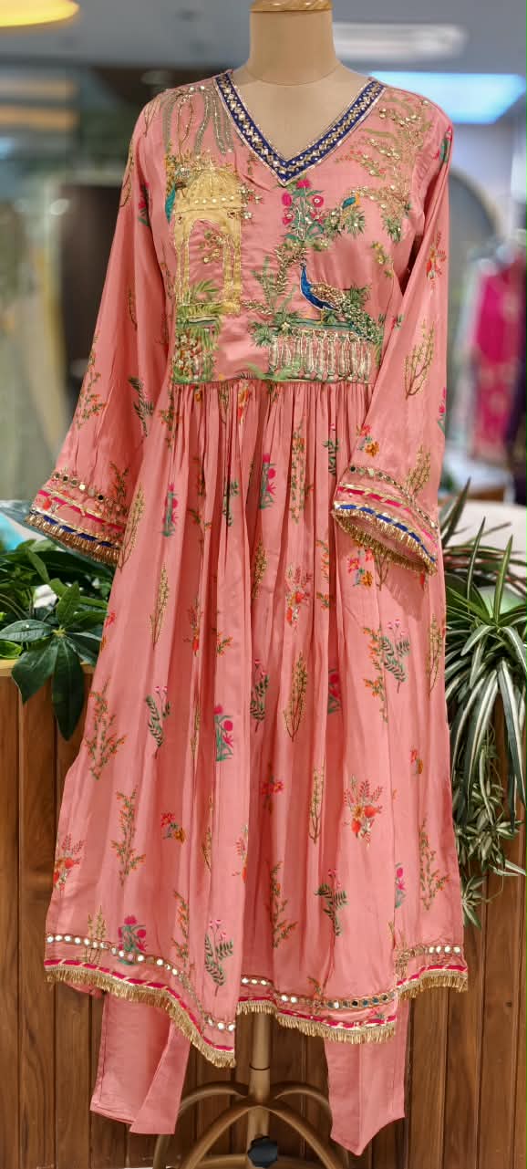 Embroidered Crepe Anarkali Full Suit Set With Dupatta Featuring Floral With Figure Motifs- 16831
