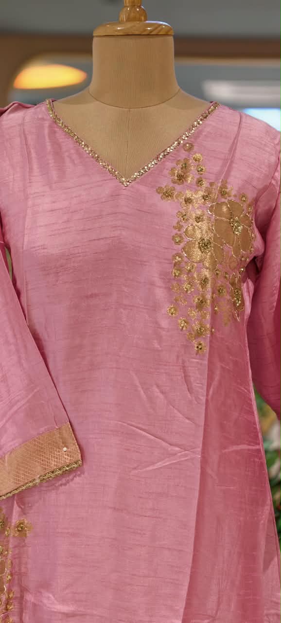 Premium Russian Silk Embroidered Full Suit Set with Floral Zari Work & Matching Dupatta And Bottom- 16722