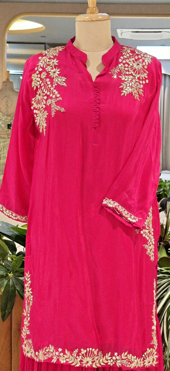 Vibrant Fuschia Golden Intricate Embroidery Work Sharara Bottom Crepe Full Suit Set With Dupatta- RB1995