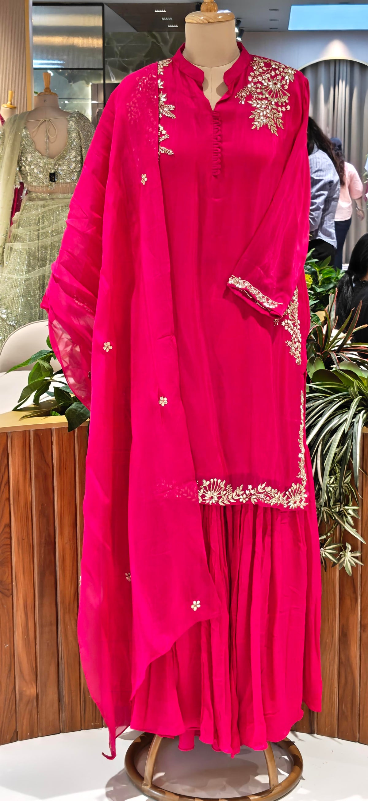 Vibrant Fuschia Golden Intricate Embroidery Work Sharara Bottom Crepe Full Suit Set With Dupatta- RB1995