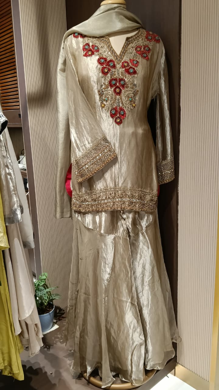 Heavy Highlighted Hand Embroidery Premium Tissue Short Length Kurta With Sharara Bottom & Matching Dupatta- 16253