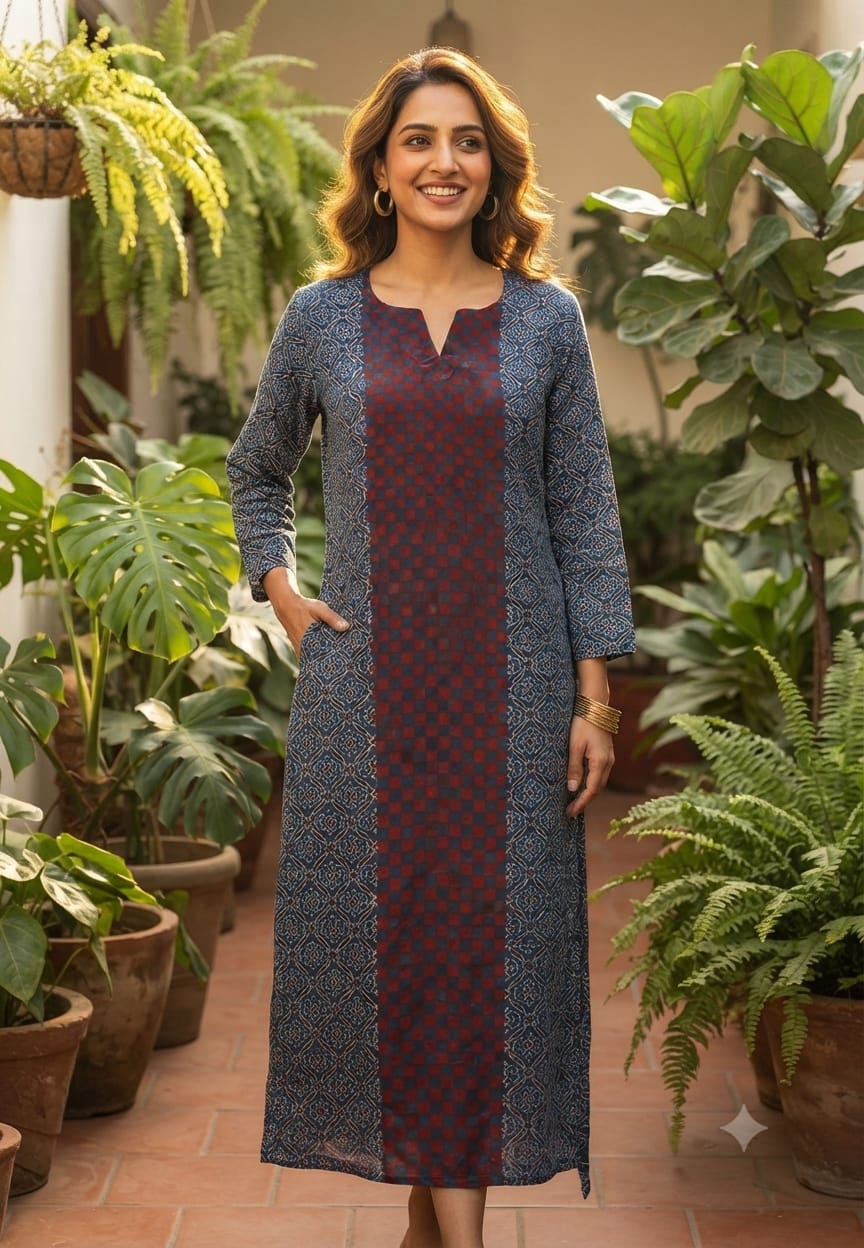 Abstract Geometric Print Gajji Silk Casual Wear Straight Long Kurti- 16644