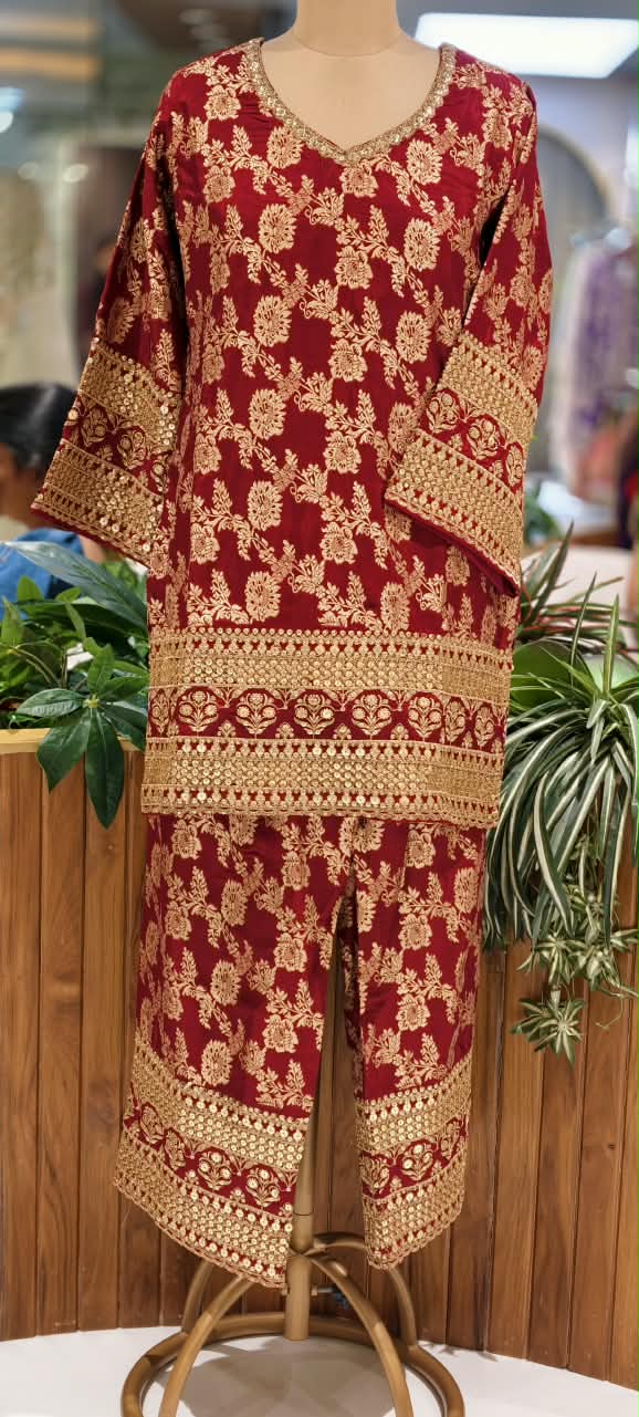 Royal Gold Foil Floral Printed Brocade Kurta Set with Heavily Embroidered Borders, Wide-Leg Palazzo Pants & Matching Potli Bag- 16868