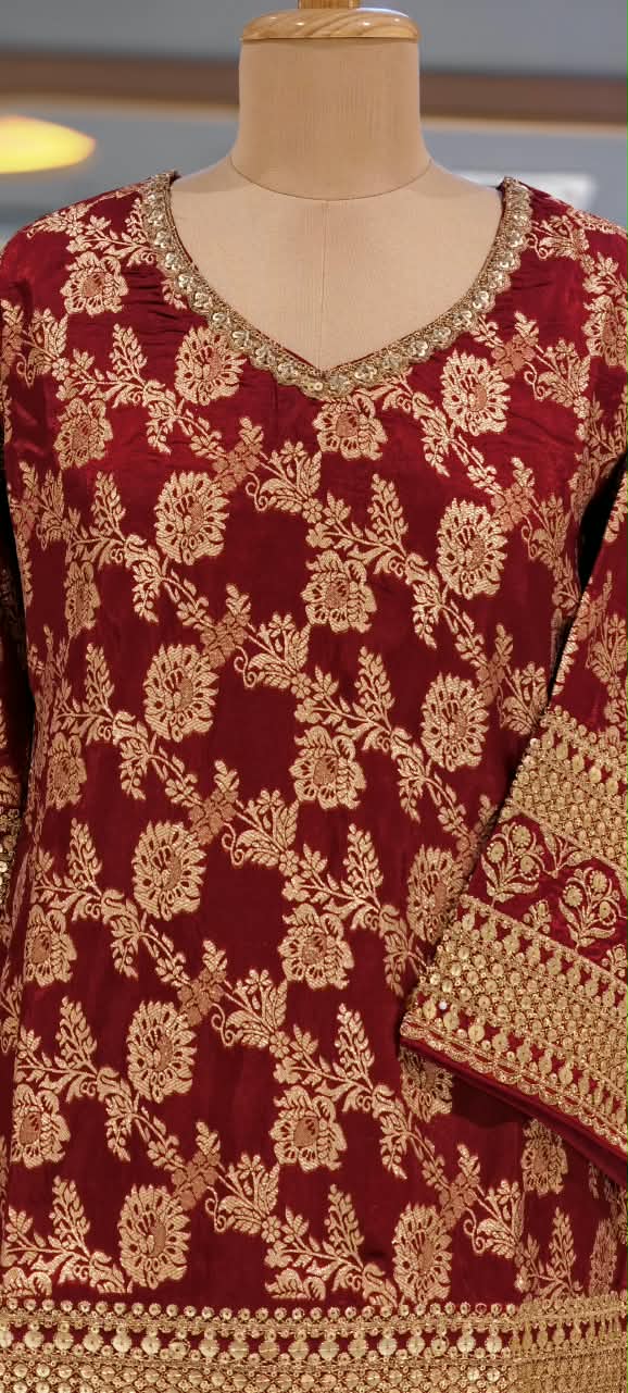 Royal Gold Foil Floral Printed Brocade Kurta Set with Heavily Embroidered Borders, Wide-Leg Palazzo Pants & Matching Potli Bag- 16868