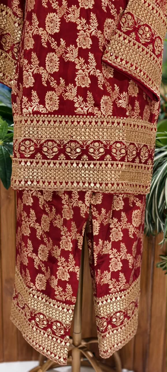 Royal Gold Foil Floral Printed Brocade Kurta Set with Heavily Embroidered Borders, Wide-Leg Palazzo Pants & Matching Potli Bag- 16868