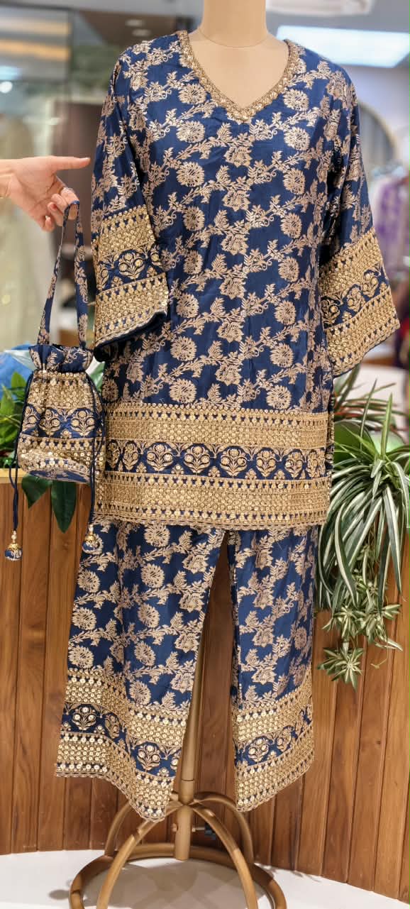 Royal Gold Foil Floral Printed Brocade Kurta Set with Heavily Embroidered Borders, Wide-Leg Palazzo Pants & Matching Potli Bag- 16868