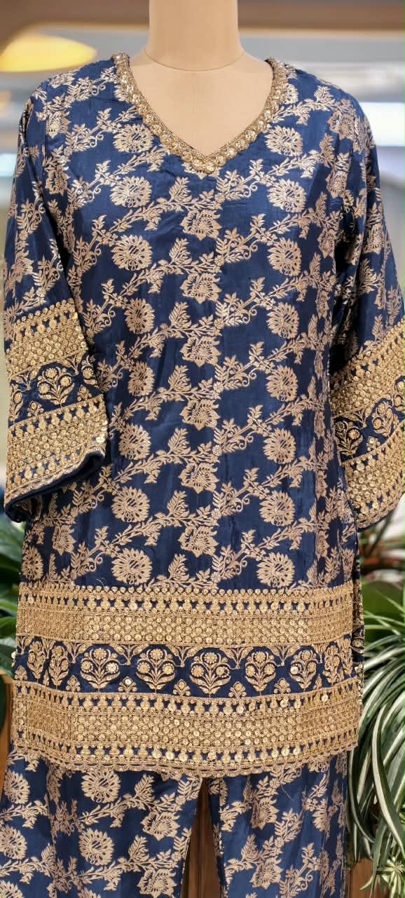 Royal Gold Foil Floral Printed Brocade Kurta Set with Heavily Embroidered Borders, Wide-Leg Palazzo Pants & Matching Potli Bag- 16868