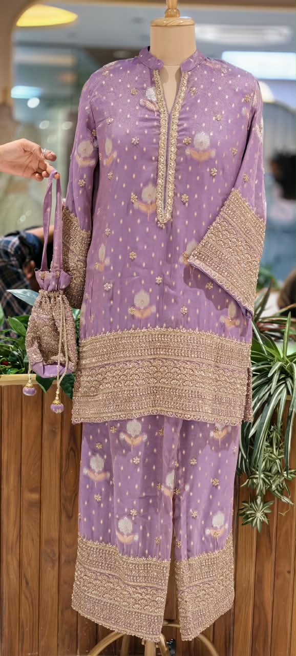 Lavender Lilac Embroidered Short Kurta Set with Gold Threadwork Borders, Flared Palazzo Pants & Matching Potli Bag- 16865